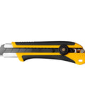 Extra Heavy-Duty 25mm Utility Knife With Ratchet Lock, Razor-Sharp Blade And Seven-Stage Snap-Off System, Fiberglass-Reinforced Handle, Built-To-Last Workhorse For Industrial Construction And Shop Projects. Yellow-and-black 25mm utility knife with extended blade