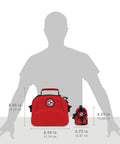Front view of red emergency first aid kit with bonus mini kit; main bag 8.5 in wide, mini 4.75 in wide.