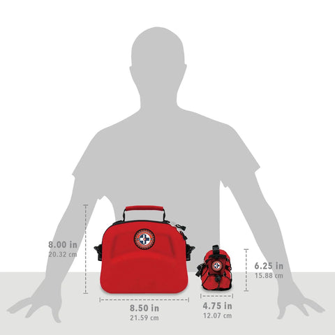 Front view of red emergency first aid kit with bonus mini kit; main bag 8.5 in wide, mini 4.75 in wide.