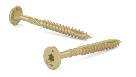 50 Pack 5/16 Inch X 4 Inch T40 Star Drive Structural Screws For Decking Framing side view showcasing self-drilling tip and gold coating.