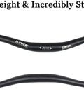 Beefy Ultralight 31.8mm Aluminum Alloy Mountain Bike Handlebar Riser Bar Matte Black Finish Extra Long 720mm Or 780mm Durable Lightweight MTB Bar For Maximum Control in top and side view.