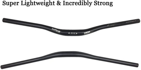 Beefy Ultralight 31.8mm Aluminum Alloy Mountain Bike Handlebar Riser Bar Matte Black Finish Extra Long 720mm Or 780mm Durable Lightweight MTB Bar For Maximum Control in top and side view.