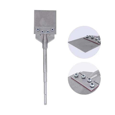 Close-up of Beefy Heavy Duty SDS Max Floor Tile Scraper Bit Kit with 6 inch wide blade and 3/4 inch shank, front and side view.