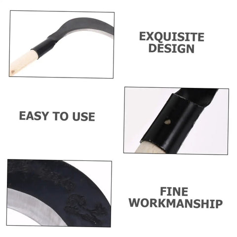 Close-up of Long Handle Gardening Grass Knife Hand Scythe featuring manganese steel blade and comfortable grip details.