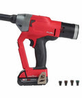 Cordless Blind Rivet Tool Kit One Quarter Inch Range Three Sixteenth To Nine Thirty Second Rivets Beefy 4500 Lbs Pull From Brushless Motor Works With Aluminum Steel And Stainless Rivets Durable Jaw Life. red cordless blind rivet tool with battery and rivet heads