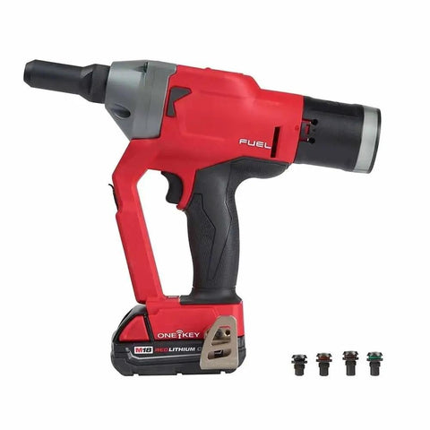 Cordless Blind Rivet Tool Kit One Quarter Inch Range Three Sixteenth To Nine Thirty Second Rivets Beefy 4500 Lbs Pull From Brushless Motor Works With Aluminum Steel And Stainless Rivets Durable Jaw Life. red cordless blind rivet tool with battery and rivet heads