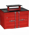 Slick Industrial Double Sided Ladder Display Cabinet With Tiered Steel Shelves For Trendy Store Setup And Photo Backdrop Solid Hype Worthy Merchandise Island Storage Rack in red with black top.