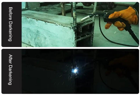 Solar Powered Auto Darkening Welding Glasses With Wide Shade For Tight Spaces Lightweight Safety Goggles demonstrating darkening effect in welding.