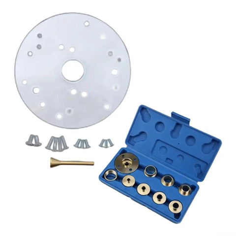 Heavy Duty Solid Brass Router Base Plate Set With Ten Metric Guide Bushings And No Sweat Centering Pin For Craftsman Routers displayed with metric bushings.