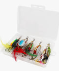 12 Piece Spinnerbait Fishing Lure Kit For Bass, Trout, Salmon, Walleye And More in open tackle box with colorful lures