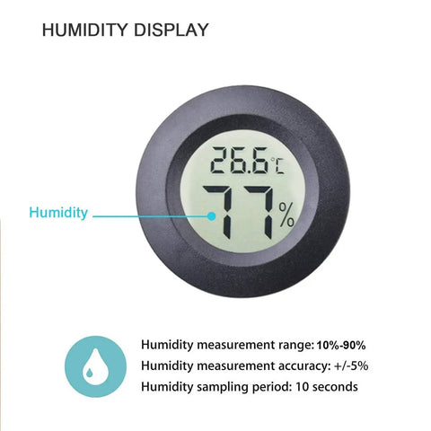 Two Pack Mini Hygrometer Thermometer Round Indoor Outdoor Humidity Meter With Digital Readout And Fahrenheit Celsius Switch, Accurate Humidity And Temperature Readings For Home Office Greenhouse humidity display, round black digital meter showing 77% and 26.6°C