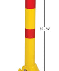 Lockable Steel Fold Down Bollard Parking Barrier Rock Solid Safety Post Industrial Yard Defense Built Like A Tank With Bright Reflective Strips And No Nonsense Mounting Hardware, featuring yellow and red stripes, measures 35-1/4" tall.