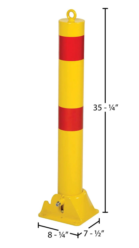 Lockable Steel Fold Down Bollard Parking Barrier Rock Solid Safety Post Industrial Yard Defense Built Like A Tank With Bright Reflective Strips And No Nonsense Mounting Hardware, featuring yellow and red stripes, measures 35-1/4" tall.