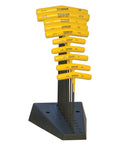 Set Of 10 Balldriver And Hex T Handles With Stand For 3/32 To 3/8 Inch displayed in wall-mount stand, yellow ergonomic grips