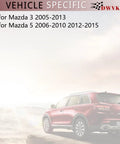 Red Mazda vehicle on a road, labeled for Mazda 3 2005-2013 and Mazda 5 2006-2010 2012-2015 compatibility