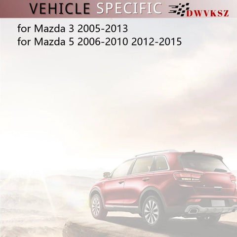 Red Mazda vehicle on a road, labeled for Mazda 3 2005-2013 and Mazda 5 2006-2010 2012-2015 compatibility