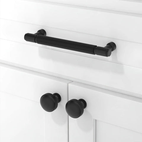 Slick Matte Black Knurled Cabinet Pulls 10 Pack 5 Inch Center To Center Kitchen Drawer Handles on white cabinets.