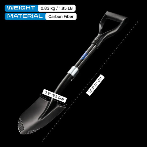 Lightweight Carbon Fiber Camp Shovel With D Handle, 28 Inch Portable Digging Shovel For Camping And Gardening shown with measurements.