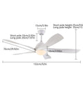 Ceiling Fan with Light Remote 6 Speeds Reversible Motor for Bedroom Living with dimensions shown, white color and simple design.