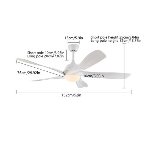 Ceiling Fan with Light and Handheld Controller 6 Speeds Modern Indoor for, 52-inch white fan with dimensions for installation.