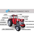 Diagram of reliable aftermarket tractor parts including mirrors, exhaust, lights, and engine components.