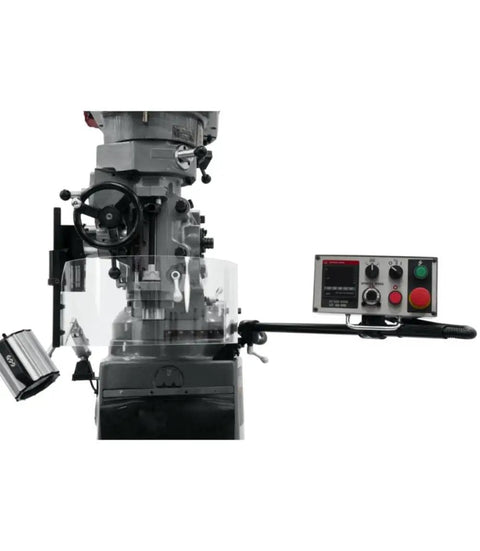 Front view of JTM949EVS Milling Machine With 3 Axis DP700 DRO Quill And X Y Axis Power Feeds, showing control panel and quill.