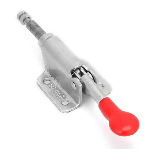 Push-Pull Clamp With Quick Toggle Action For Secure Hold On Workpieces Delivers Up To 60kg 132lbs Beefy Clamping Power, 10mm Range, Great For Woodworking And Metalworking Projects GH-36070 stainless steel clamp with red handle and mounting base