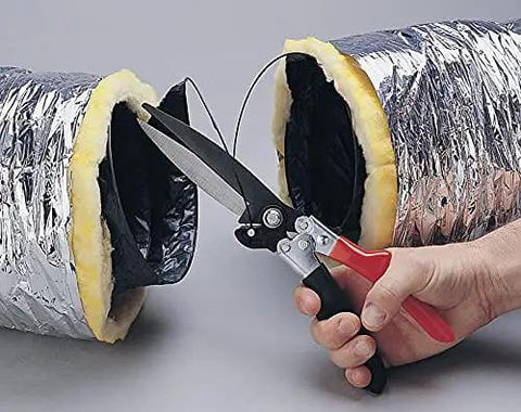 Cutting insulated duct with Flex Duct Shear With Built-In Wire Cutter, Four And Three Eighths Inch Cut Capacity, 12 Inch Length