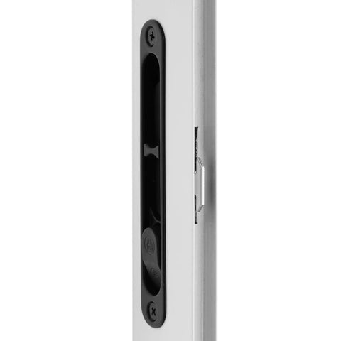 Side view of diecast black flush sliding screen door latch for mortise mounted doors, non-handed replacement handle.