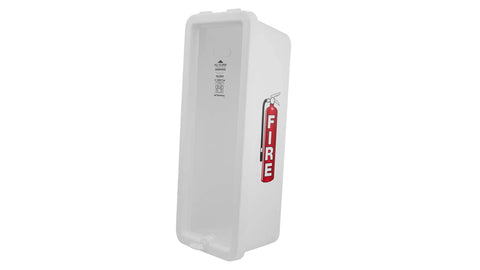 Three Pack White Surface Mount Fire Extinguisher Cabinet With Pull Panel Fits Five Pound Units Built Like A Tank Weatherproof Lock Box displayed front view.