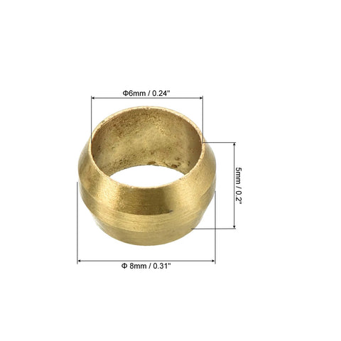 Close-up of brass compression sleeve ferrule for 6mm tube; outer diameter 8mm, height 5mm.