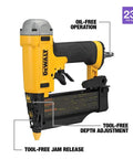 23 Gauge Pin Nailer For Finishing And Trim, Drives 2 Inch Pins Recessed Into Oak, Tool Free Jam Release For Easy Nail Removal, Depth Adjustment, Oil Free Operation, Lightweight Design For Precise Recessed Fasteners shown with features labeled