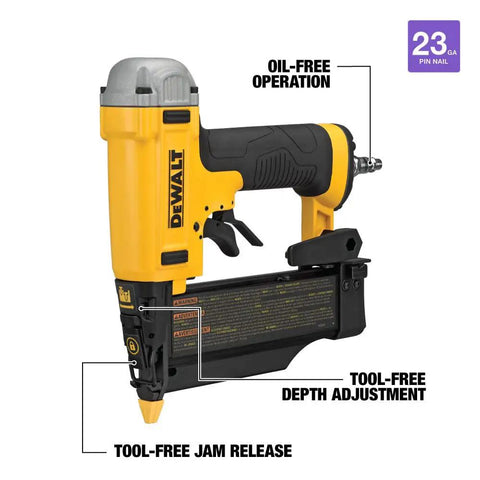 23 Gauge Pin Nailer For Finishing And Trim, Drives 2 Inch Pins Recessed Into Oak, Tool Free Jam Release For Easy Nail Removal, Depth Adjustment, Oil Free Operation, Lightweight Design For Precise Recessed Fasteners shown with features labeled