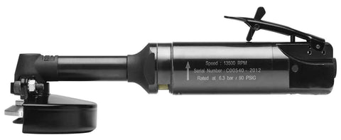 Hardcore Air Angle Grinder With 4 Inch Spindle Built Tough For The Daily Grind Featuring Industrial Grade Motor and Machined Steel Housing side view.