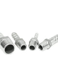 Heavy Duty Stainless Steel NPT Male Hose Barb Pipe Fitting Connector Kit, 1 Eighth To 2 Inch NPT Sizes shown at different angles.