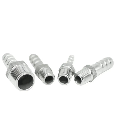 Heavy Duty Stainless Steel NPT Male Hose Barb Pipe Fitting Connector Kit, 1 Eighth To 2 Inch NPT Sizes shown at different angles.
