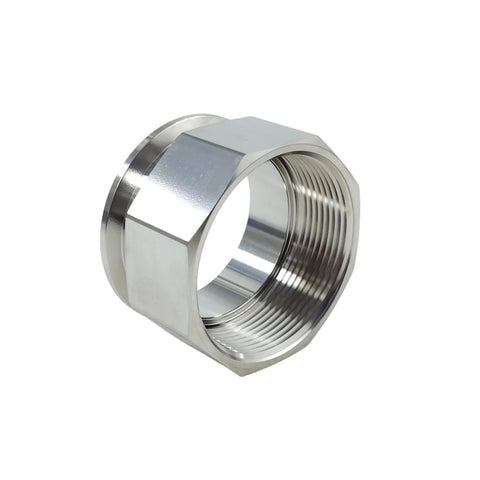 Stainless steel Tri-Clamp to FNPT sanitary adapter, 2in FNPT x 2in TC, close-up view