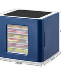 Premium Stainless Steel Food Dehydrator With Led Digital Touch Screen And Adjustable Timer in navy blue, showcasing drying trays filled with fruits.