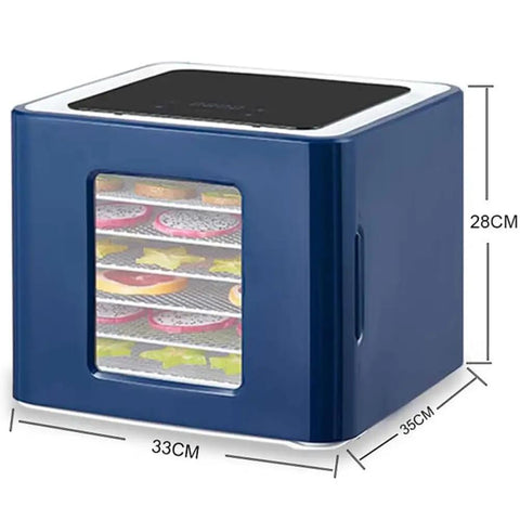 Premium Stainless Steel Food Dehydrator With Led Digital Touch Screen And Adjustable Timer in navy blue, showcasing drying trays filled with fruits.