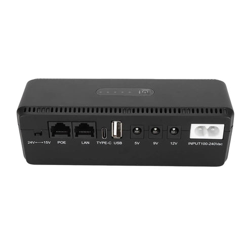 Check Out This Awesome UPS Battery Backup That Gives You Reliable 10400mAh Of Backup Power In A Pinch And Also Serves As A Go To USB Power Bank With 18W Of Multi Output Juice For Your Devices Using The US Plug, showing ports and connections.