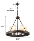 Farmhouse Wagon Wheel Six Light Chandelier With Frosted Seeded Glass Shades Rustic Hanging Light Fixture For Dining Room All Metal Construction Adjustable Chain For Custom Height Vintage Style Farmhouse Lighting, dimensions labeled.