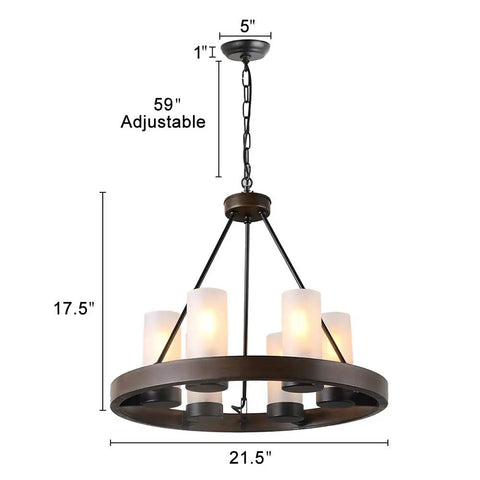 Farmhouse Wagon Wheel Six Light Chandelier With Frosted Seeded Glass Shades Rustic Hanging Light Fixture For Dining Room All Metal Construction Adjustable Chain For Custom Height Vintage Style Farmhouse Lighting, dimensions labeled.