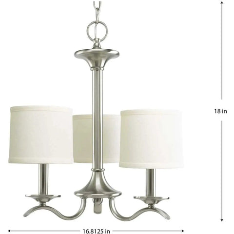 Inspire Collection 3 Light Chandelier In Antique Bronze With Waving Metal Arms And Off White Linen Shades, Ceiling Chain Mount