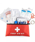 Red travel first aid kit pouch with white cross, opened to show bandages, scissors, tape, and wipes.