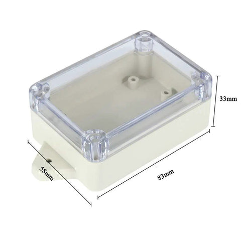 Rugged ABS Junction Box Project Enclosure Case Waterproof Dustproof With Transparent Clear Cover For Easy Cable Viewing Wall Mount Hole 83x58x33 mm 3.3x2.3x1.3 Inches Pack Of 3 shown from above with dimensions.