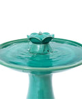 22 Inch Ceramic Bird Bath Fountain With Lotus Design, freestanding outdoor water feature, aqua green, weather-resistant ceramic