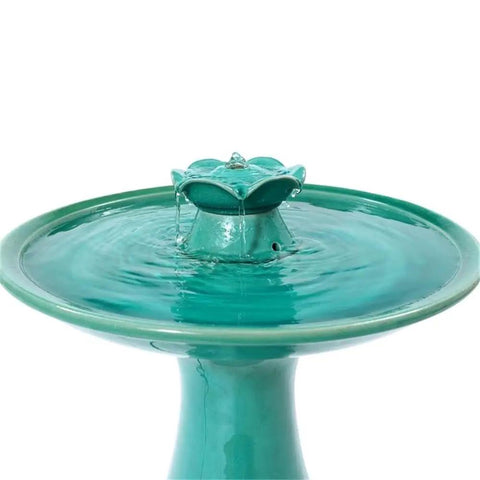 22 Inch Ceramic Bird Bath Fountain With Lotus Design, freestanding outdoor water feature, aqua green, weather-resistant ceramic