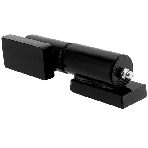 Barrel gate hinge, 5-inch heavy-duty weld-on, black finish with mounting plates, angled view