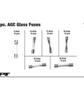 Heavy Duty Sixty Piece AGC Glass Fuse Assortment Kit With Solid Circuit Protection For Cars Trucks And Hot Rods showing 5 to 30 amp fuses.