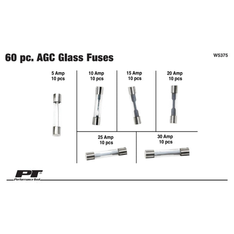 Heavy Duty Sixty Piece AGC Glass Fuse Assortment Kit With Solid Circuit Protection For Cars Trucks And Hot Rods showing 5 to 30 amp fuses.